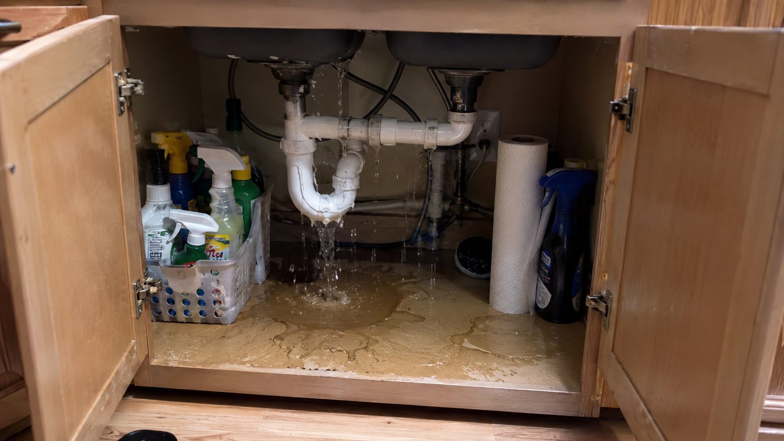 Water leaking from a failed supply line and drain connection under a kitchen sink, pooling across the cabinet base.