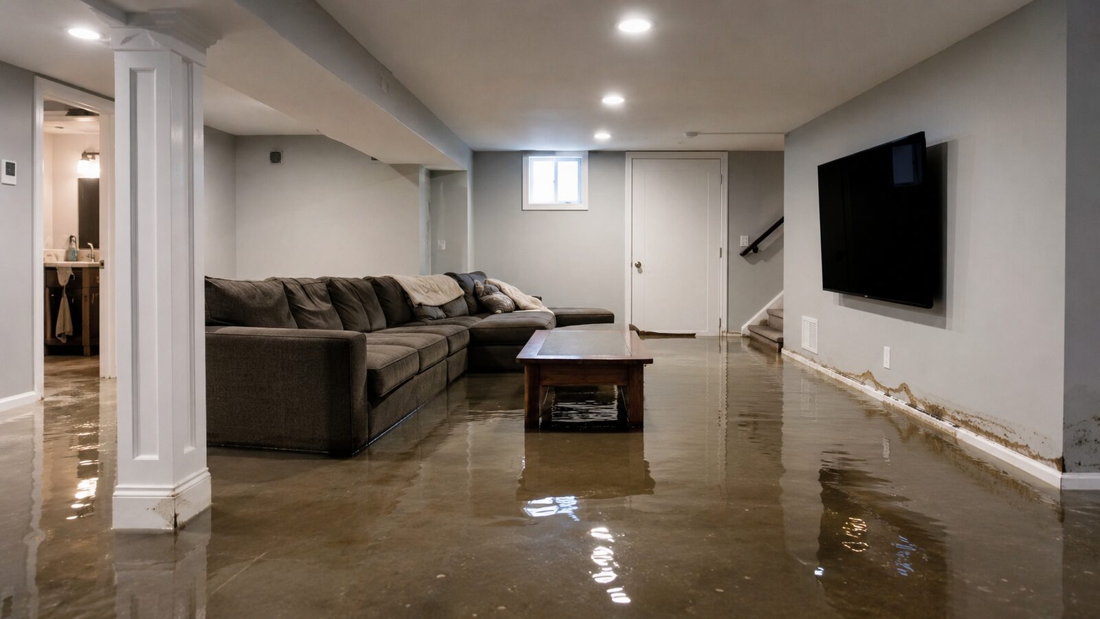 Standing water covering the floor of a finished basement living area, around a sectional sofa and a coffee table, with a waterline stain along the base of the wall.