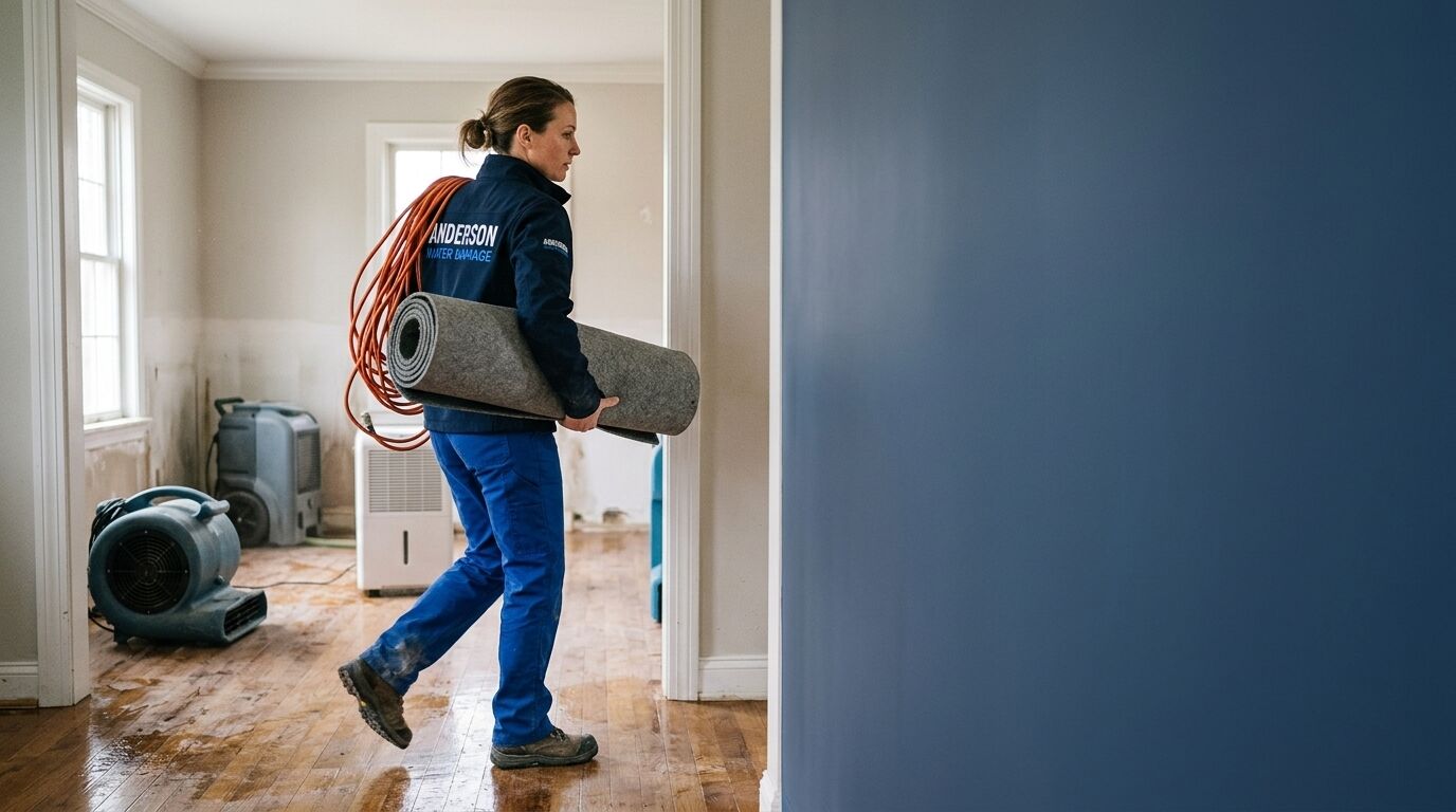 Water-damage technician carrying drying equipment through a damaged interior