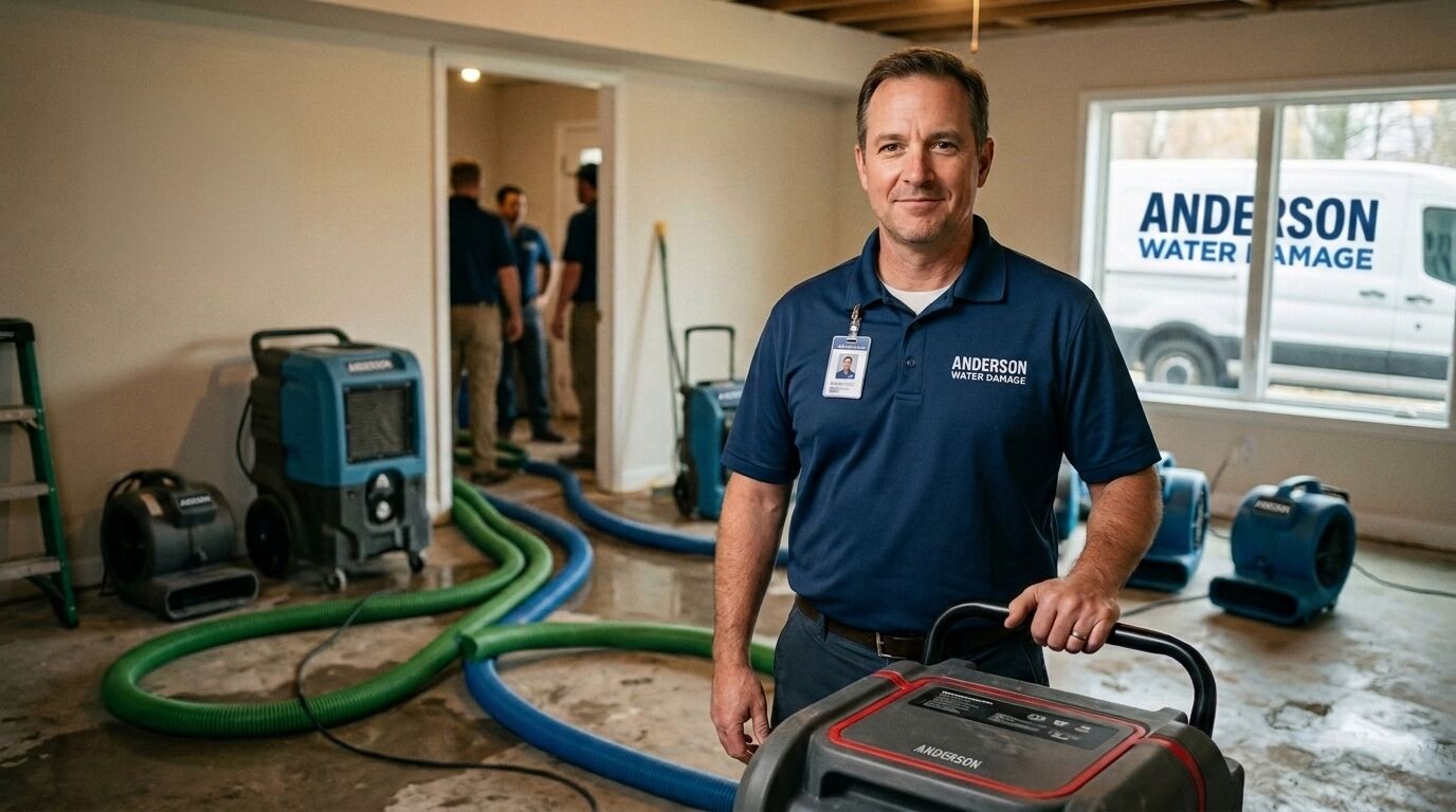 Water-damage technician with drying equipment in a wet interior