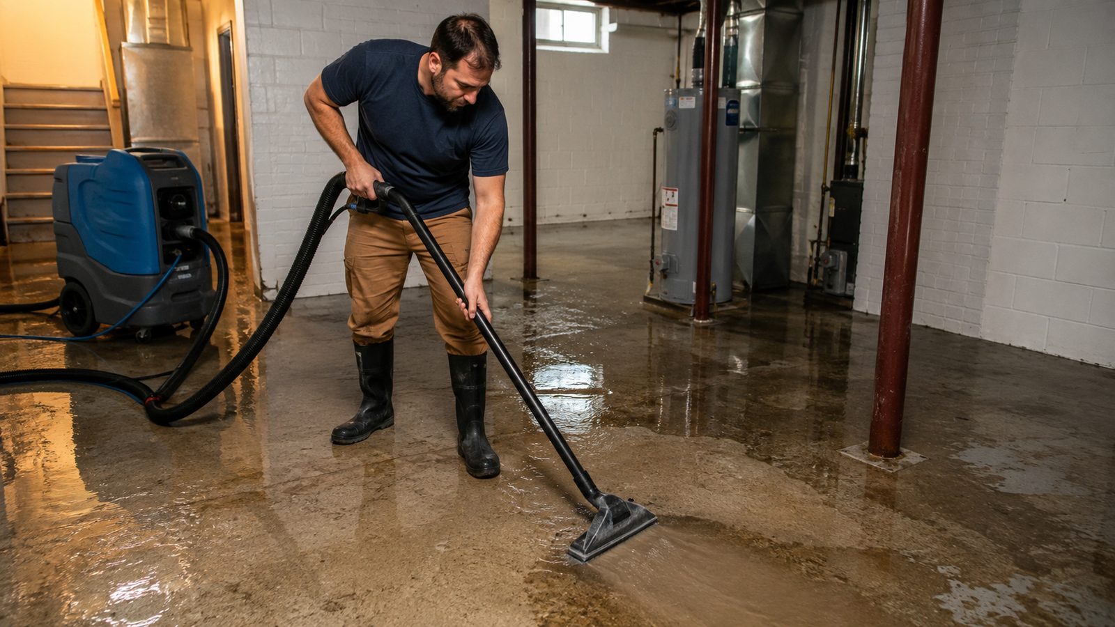 Technician using a wand and portable extractor to pull standing water from a flooded basement floor.